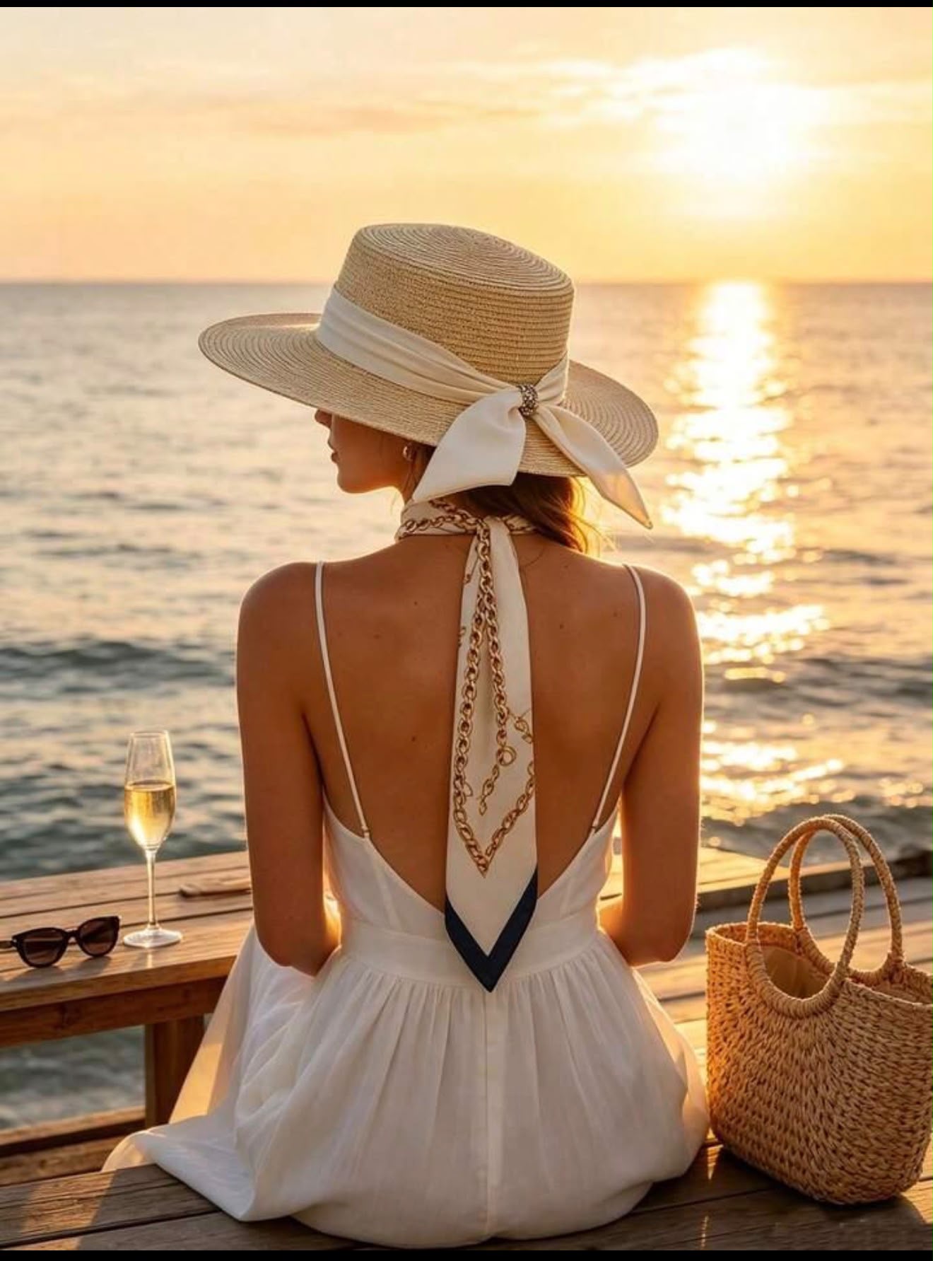 Femme portant un chapeau de paille au bord de la mer au coucher du soleil