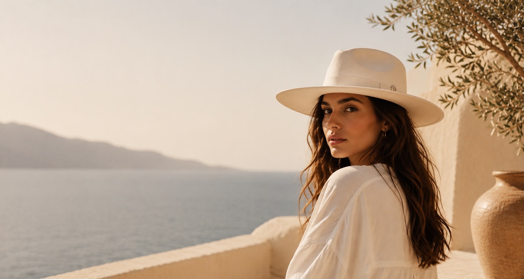 Femme élégante portant un chapeau fedora blanc au bord de la mer